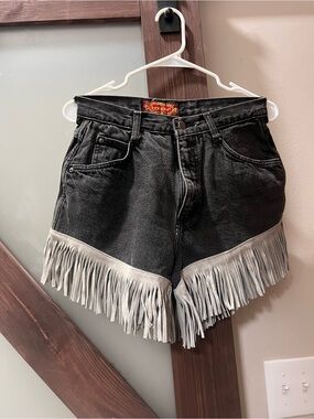 Fringed Black Denim Jean Shorts with Light Fringe Trim